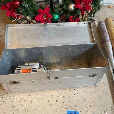 Lot 56 - (2) baseball bats, (2) baseball gloves, tool box, Black and Decker jigsaw, pocket knife, christmas wreath