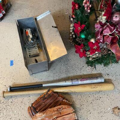 Lot 56 - (2) baseball bats, (2) baseball gloves, tool box, Black and Decker jigsaw, pocket knife, christmas wreath