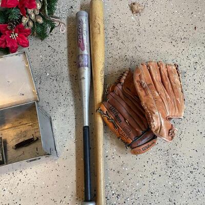 Lot 56 - (2) baseball bats, (2) baseball gloves, tool box, Black and Decker jigsaw, pocket knife, christmas wreath
