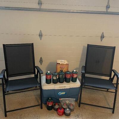 Lot 57 - (2) folding chairs, treme cooler, (11) coleman propane bottles, coleman lantern