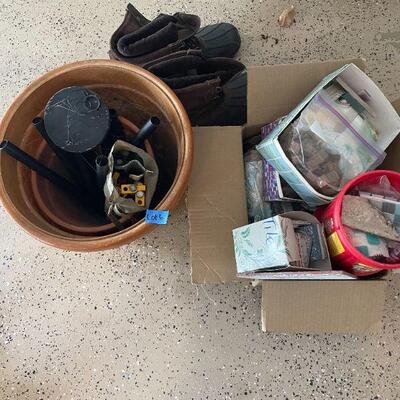 Lot 62 -  (2) potting plants, wind chimes, misc. box of tiles, thinsulate boots size 11