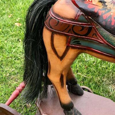 BEAUTIFUL VINTAGE LARGE WOODEN PLATFORM ROCKING HORSE WITH WHEELS