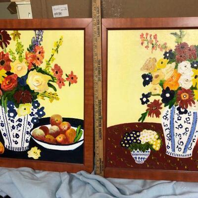 Set of 2 Colorful Delft Blue Flower Vase Paintings