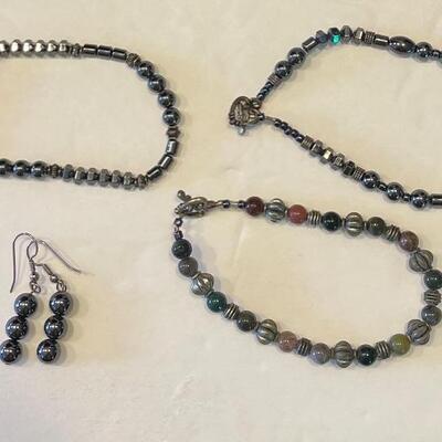Lot 74 - (3) hematite necklaces, one pair of hematite earrings, (2) hematite bracelets, (2) natural stone necklaces, one natural stone...