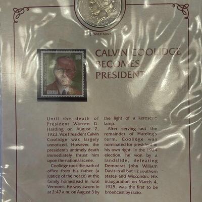 Lot 87 - 1922 peace dollar with Alexander Graham Bell stamp, 1923 Calvin Coolidge becomes president stamp, 1923 peace dollar President...