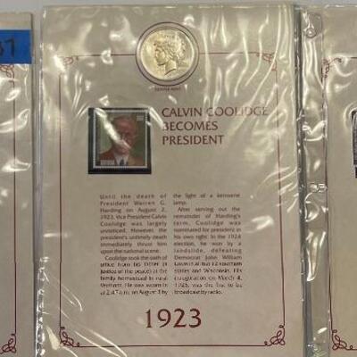 Lot 87 - 1922 peace dollar with Alexander Graham Bell stamp, 1923 Calvin Coolidge becomes president stamp, 1923 peace dollar President...