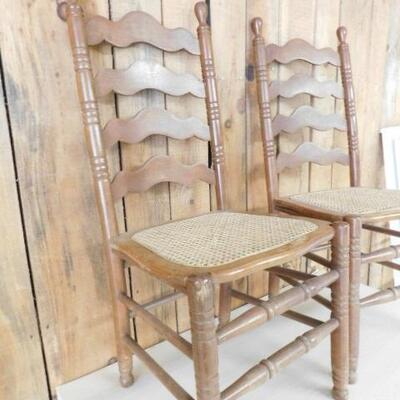 Set of Four Wooden Cane Bottom Ladder Back Chairs