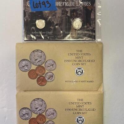 Lot 93 - Cherished American dimes 1911 barber silver dime and 1941 mercury silver dime, (2) 1990 USA  mint uncirculated coin sets
