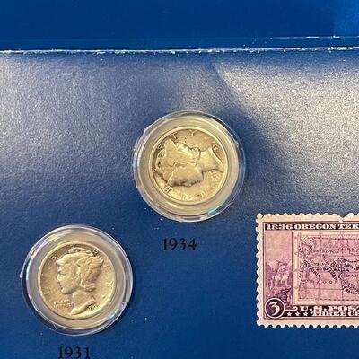 Lot 94 - treasury of United States silver dimes with stamps (1931, 1934, 1935, 1936), vanishing 20th century coin collection with COA,...