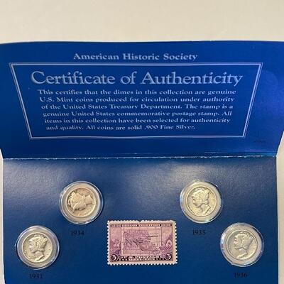 Lot 94 - treasury of United States silver dimes with stamps (1931, 1934, 1935, 1936), vanishing 20th century coin collection with COA,...