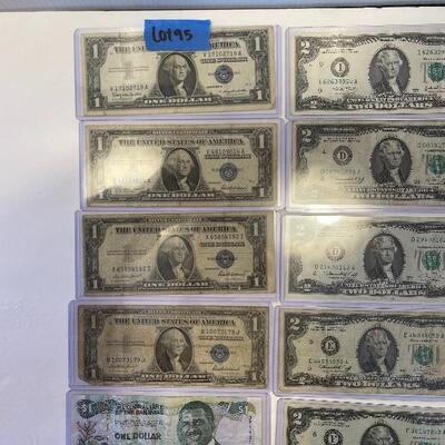 Lot 95 - lot of (4) $1 bills, lot of (7) $2 dollar bills, American heritage mint historic US coinage Washingtonâ€™s last year silver coin...