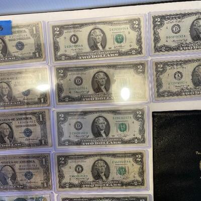 Lot 95 - lot of (4) $1 bills, lot of (7) $2 dollar bills, American heritage mint historic US coinage Washingtonâ€™s last year silver coin...