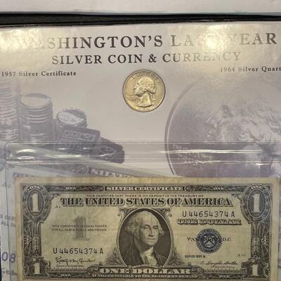 Lot 95 - lot of (4) $1 bills, lot of (7) $2 dollar bills, American heritage mint historic US coinage Washingtonâ€™s last year silver coin...