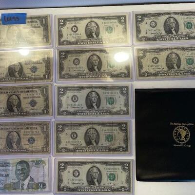 Lot 95 - lot of (4) $1 bills, lot of (7) $2 dollar bills, American heritage mint historic US coinage Washingtonâ€™s last year silver coin...