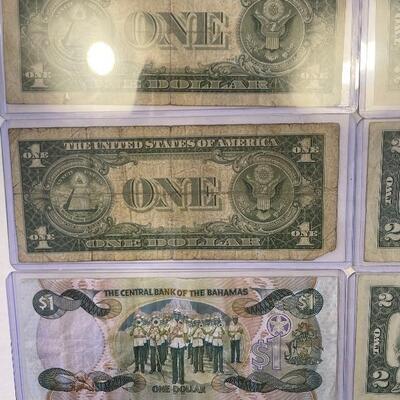 Lot 95 - lot of (4) $1 bills, lot of (7) $2 dollar bills, American heritage mint historic US coinage Washingtonâ€™s last year silver coin...