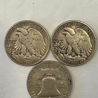Lot 97 - 1942 liberty walking half dollar, 1943 liberty walking half dollar, 1963 Franklin half dollar