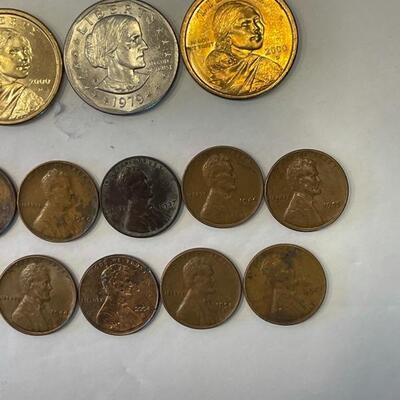 Lot 100 - Thomas Jefferson, James Madison, (3) Sacajawea dollar coins, Susan B.Anthony dollar, (15) Lincoln pennies, 1902 Barber quarter,...