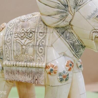 Bone Sculpture - Pair of White Elephants Bone Inlay