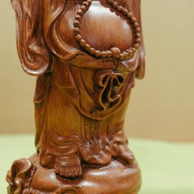 teak wood carving Happy Buddha with arms up holding 