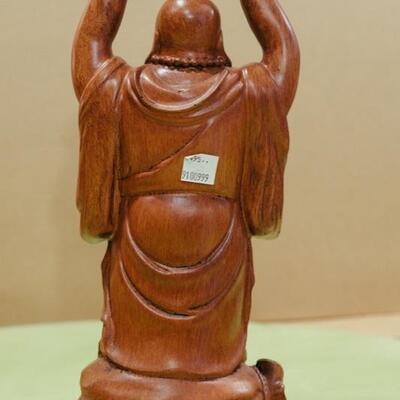 teak wood carving Happy Buddha with arms up holding 