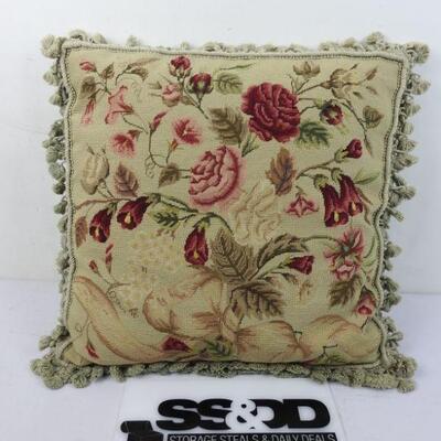 Large Square Decorative Pillow: Tan with Pink Roses. Tassel Trim 20