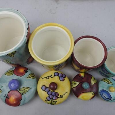 4 pc Ceramic Kitchen Canisters by Lillian Vernon: Peaches, Grapes, Pears, Plums