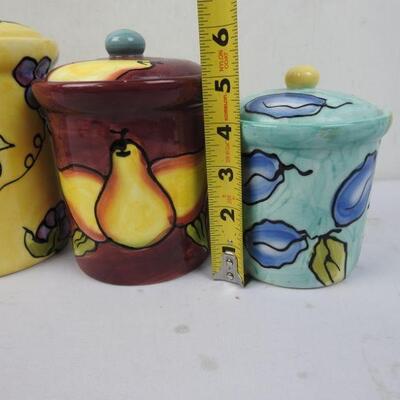 4 pc Ceramic Kitchen Canisters by Lillian Vernon: Peaches, Grapes, Pears, Plums