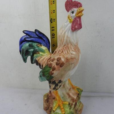 Ceramic Rooster with Blue, Green, & Yellow Tail. 14