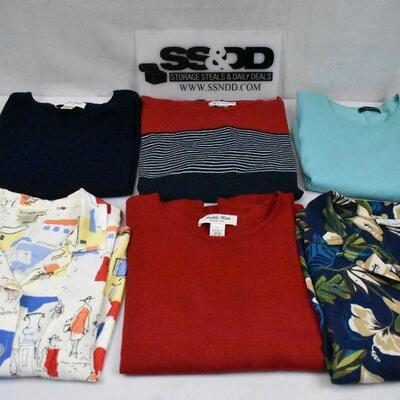 6 Women's Short Sleeve Shirts 4 Large 1 Med 1 XL Petite: Navy, Red, Aqua, Floral