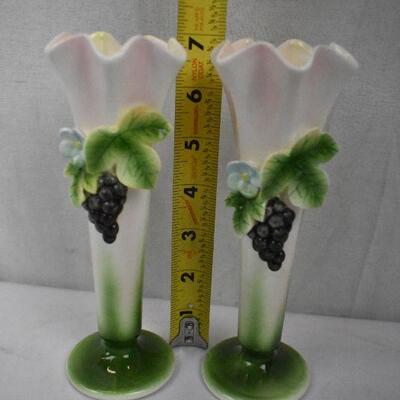 2 Small Vases by Norcrest Japan. Painted Ceramic, pink/green with purple grapes