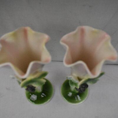 2 Small Vases by Norcrest Japan. Painted Ceramic, pink/green with purple grapes