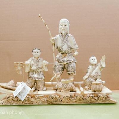 Bone Sculpture - Chinese Grandfather with Grandchildren 