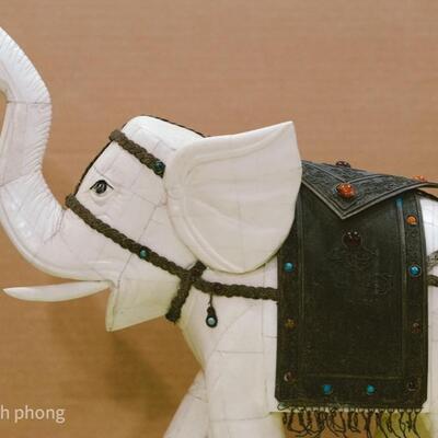 Bone Sculpture - Pair of White Elephants with Bronze Saddle