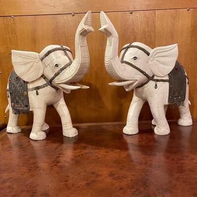 Bone Sculpture - Pair of White Elephants with Bronze Saddle