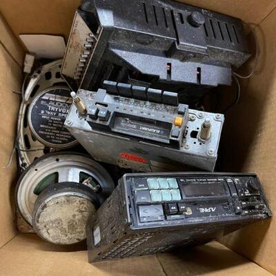 Vintage box of OEM Auto Radios & speakers