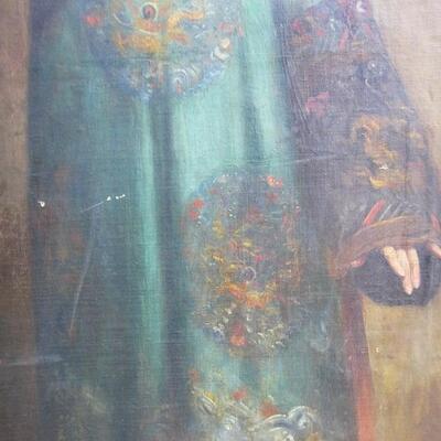 Lot 1 Exotic 1920's Oil Painting Life Size Person in Chinese Robe & Headdress w/Fan Theatrical