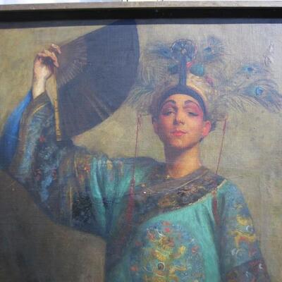 Lot 1 Exotic 1920's Oil Painting Life Size Person in Chinese Robe & Headdress w/Fan Theatrical