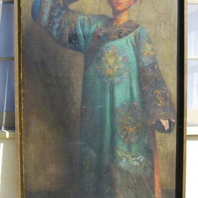 Lot 1 Exotic 1920's Oil Painting Life Size Person in Chinese Robe & Headdress w/Fan Theatrical