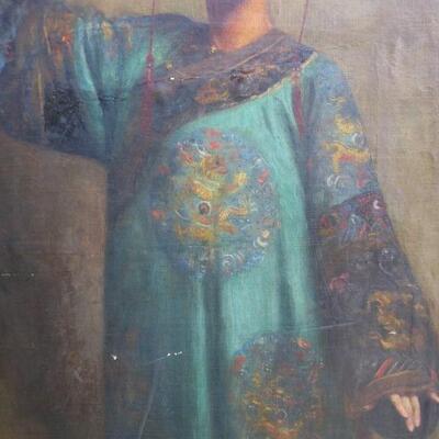 Lot 1 Exotic 1920's Oil Painting Life Size Person in Chinese Robe & Headdress w/Fan Theatrical
