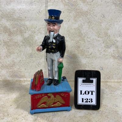 -123- VINTAGE | Uncle Sam Mechanical Bank | Cast Iron | Repaint