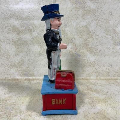 -123- VINTAGE | Uncle Sam Mechanical Bank | Cast Iron | Repaint