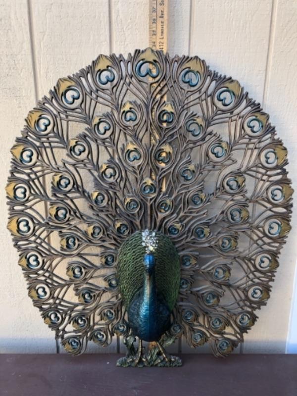 Lot 87DM. Vintage Midcentury Burwood Peacock decorative wall hanging,  crystal headpiece, 1950-60's, 34”T x 30”W x 5”D— $168.75