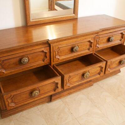 Lot #3: Heritage Solid Oak Dresser with Gold Accented Mirror