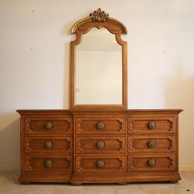 Lot #3: Heritage Solid Oak Dresser with Gold Accented Mirror