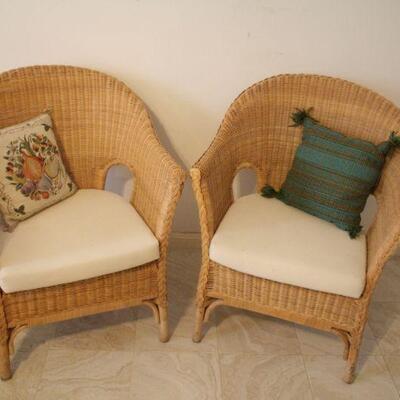Lot #6: Vintage Wicker Woven Armchairs With Cream Colored Cushions 