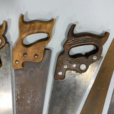 -132- VINTAGE | 8 Hand Saws | Carved Handles | 1 Etched Blade 