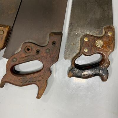 -132- VINTAGE | 8 Hand Saws | Carved Handles | 1 Etched Blade 