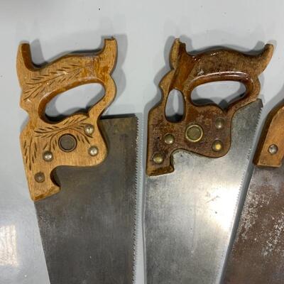 -132- VINTAGE | 8 Hand Saws | Carved Handles | 1 Etched Blade 