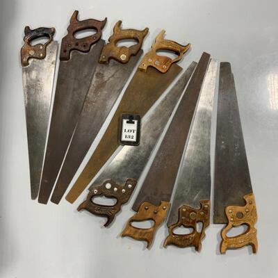 -132- VINTAGE | 8 Hand Saws | Carved Handles | 1 Etched Blade 