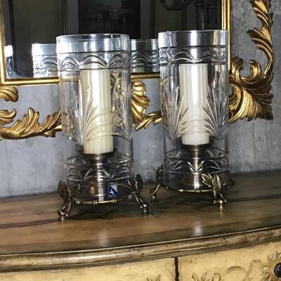 109 - Pair of Macryl Crystal Hurricane Candle Holders w/ Brass Bases